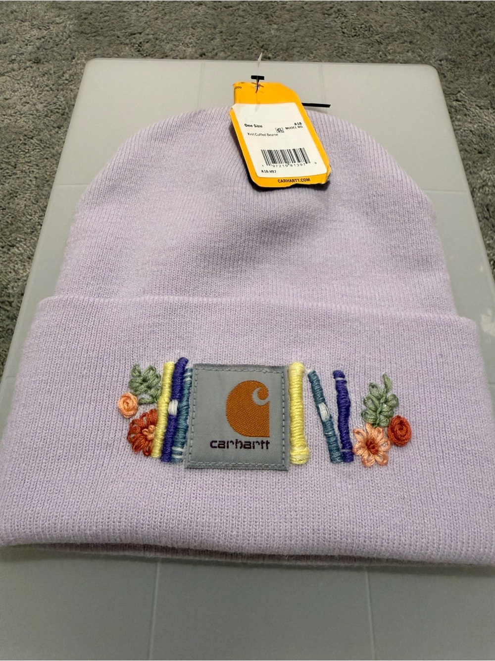 Carhartt adult Lavender Cuffed Beanie with Embroidered Floral Accents